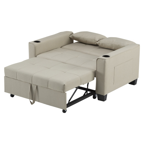 2 Seater Sofa Bed With Cup Holders, Pull Out Sleeper Sofa Convertible Fabric Sofa Chair Foldable Bed Settee For Living Room Apartment Mall Space, Beige