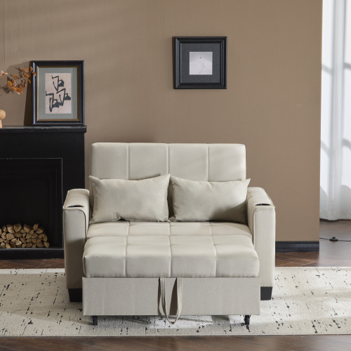 2 Seater Sofa Bed With Cup Holders, Pull Out Sleeper Sofa Convertible Fabric Sofa Chair Foldable Bed Settee For Living Room Apartment Mall Space, Beige