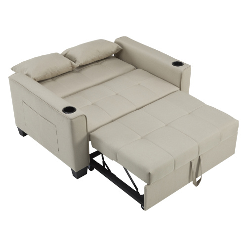 2 Seater Sofa Bed With Cup Holders, Pull Out Sleeper Sofa Convertible Fabric Sofa Chair Foldable Bed Settee For Living Room Apartment Mall Space, Beige