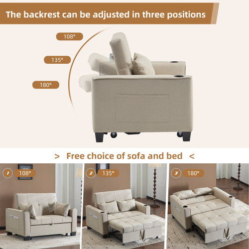 2 Seater Sofa Bed With Cup Holders, Pull Out Sleeper Sofa Convertible Fabric Sofa Chair Foldable Bed Settee For Living Room Apartment Mall Space, Beige