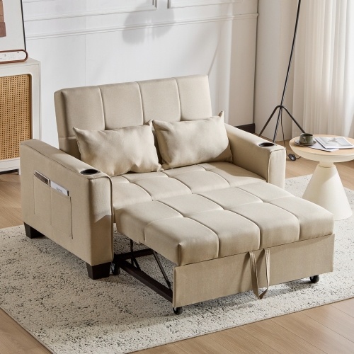 2 Seater Sofa Bed With Cup Holders, Pull Out Sleeper Sofa Convertible Fabric Sofa Chair Foldable Bed Settee For Living Room Apartment Mall Space, Beige