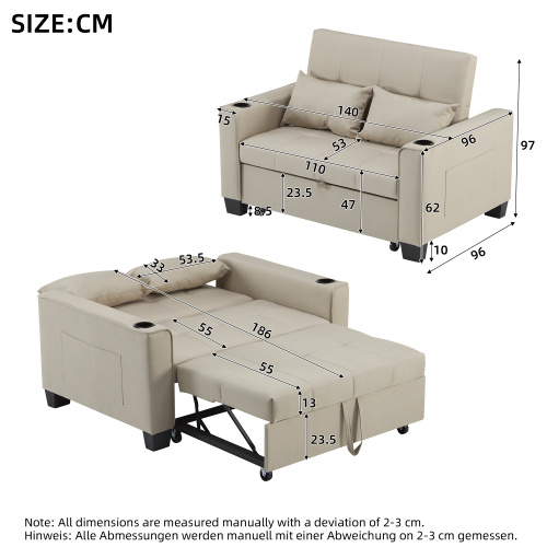 2 Seater Sofa Bed With Cup Holders, Pull Out Sleeper Sofa Convertible Fabric Sofa Chair Foldable Bed Settee For Living Room Apartment Mall Space, Beige