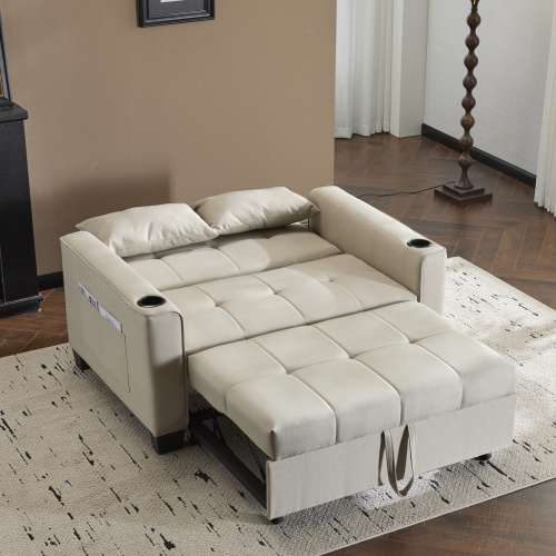 2 Seater Sofa Bed With Cup Holders, Pull Out Sleeper Sofa Convertible Fabric Sofa Chair Foldable Bed Settee For Living Room Apartment Mall Space, Beige