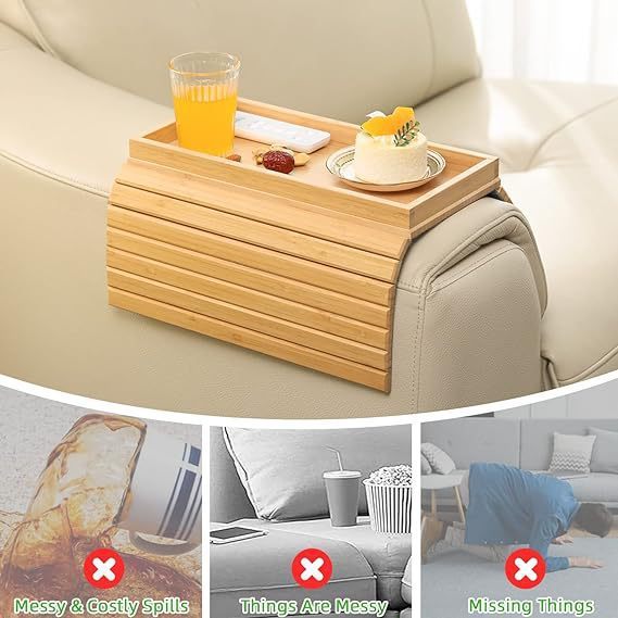 SofaFlex™ Bamboo Armrest Tray — Foldable Couchside Snack & Drink Holder (Natural Wood)