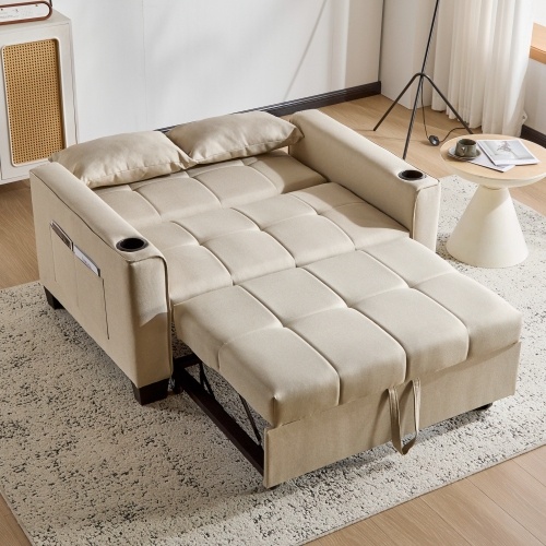 2 Seater Sofa Bed With Cup Holders, Pull Out Sleeper Sofa Convertible Fabric Sofa Chair Foldable Bed Settee For Living Room Apartment Mall Space, Beige