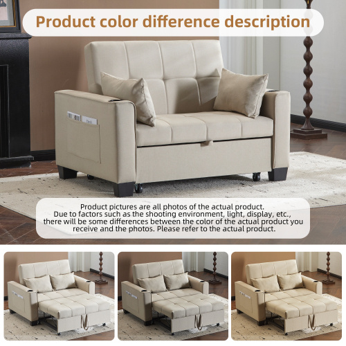 2 Seater Sofa Bed With Cup Holders, Pull Out Sleeper Sofa Convertible Fabric Sofa Chair Foldable Bed Settee For Living Room Apartment Mall Space, Beige